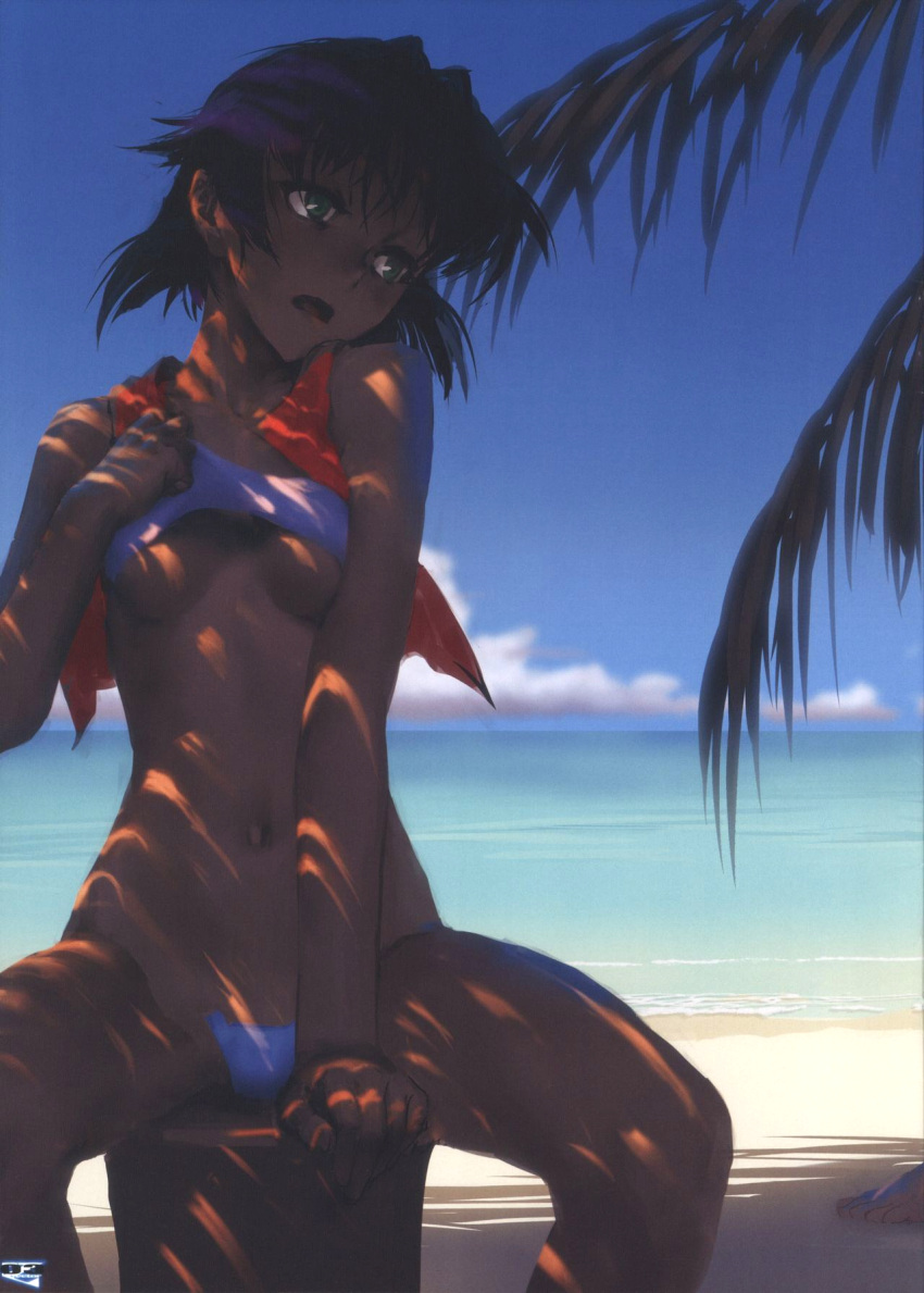 adjusting_clothes bandeau bangs beach blue_sky breasts c-string cropped_jacket dappled_sunlight dark-skinned_female dark_skin day fushigi_no_umi_no_nadia green_eyes head_tilt highres jacket nadeara_bukichi nadia_la_arwall navel non-web_source ocean open_mouth outdoors palm_tree red_jacket sand short_hair sitting sky sleeveless sleeveless_jacket strapless strapless_bottom sunlight tree tube_top underboob white_bandeau