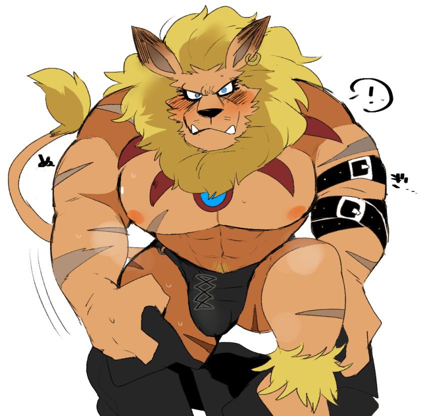 bandai_namco blonde_hair blue_eyes blush bulge caught clothing digimon digimon_(species) exclamation_point genital_outline hair hyaku_(artist) leomon looking_at_viewer male mane muscular nipples pecs penis_outline solo underwear undressing