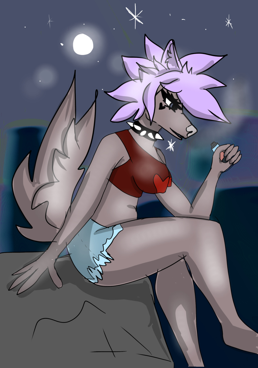 anthro belly boobwindow bottomwear breasts butt canid canine canis cleavage clothed clothing collar curvy_figure dallas feet female hi_res humanoid_feet humanoid_hands mammal nipples shorts smoke solo the vape wolf