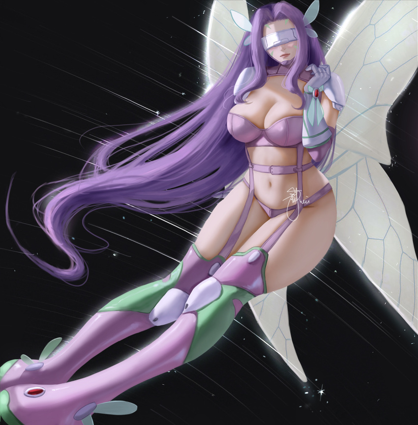 1girl bangs bikini black_background boots breasts butterfly_hair_ornament butterfly_wings cleavage closed_mouth commentary covered_eyes digimon digimon_(creature) elbow_gloves facial_mark fairymon floating_hair full_body garter_straps gloves groin hair_ornament hand_up highres large_breasts long_hair navel parted_bangs purple_belt purple_bikini purple_footwear purple_gloves purple_hair revealing_clothes shoulder_pads signature simple_background skindentation solo stomach swimsuit thigh_boots thighhighs visor wei_(promise_0820) white_gloves wings