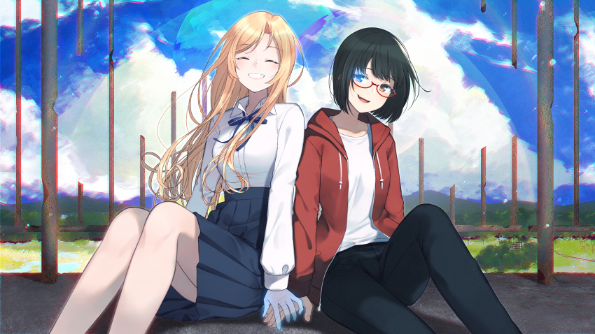 2girls ^_^ black_hair blonde_hair blue_eyes brown_eyes closed_eyes cloud fang glasses grin heterochromia highres holding_hands hood hoodie jacket kamikoshi_sorawo long_hair mountain multiple_girls nishina_toriko nishinomiya_suzu pants pillar red_hoodie short_hair sitting skirt sky smile transparent_hand urasekai_picnic wind