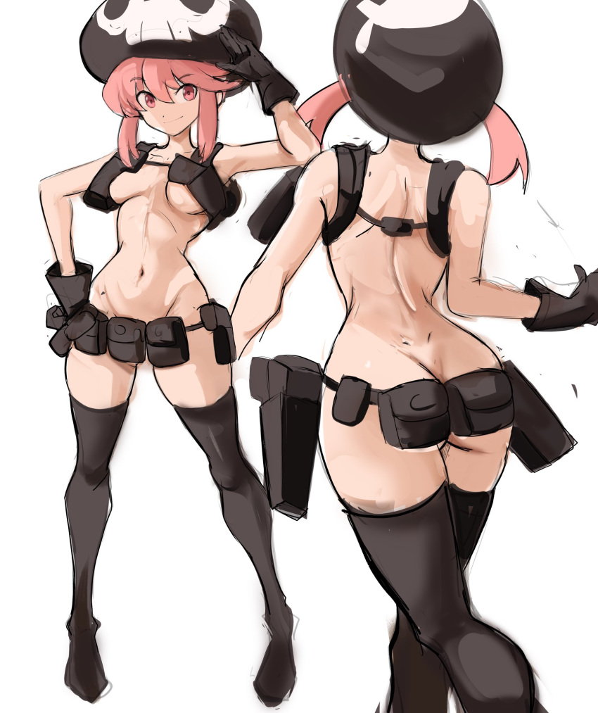 1girl arm_up ass bangs black_gloves black_headwear black_legwear breasts butt_crack closed_mouth commentary dimples_of_venus dot_nose eyebrows_visible_through_hair from_behind gloves groin hair_between_eyes hand_on_hip highres jakuzure_nonon kill_la_kill multiple_views navel nudist_beach_uniform pink_eyes pink_hair pouch rakeemspoon revealing_clothes shoulder_blades simple_background sketch skull_print thighhighs thighs underboob