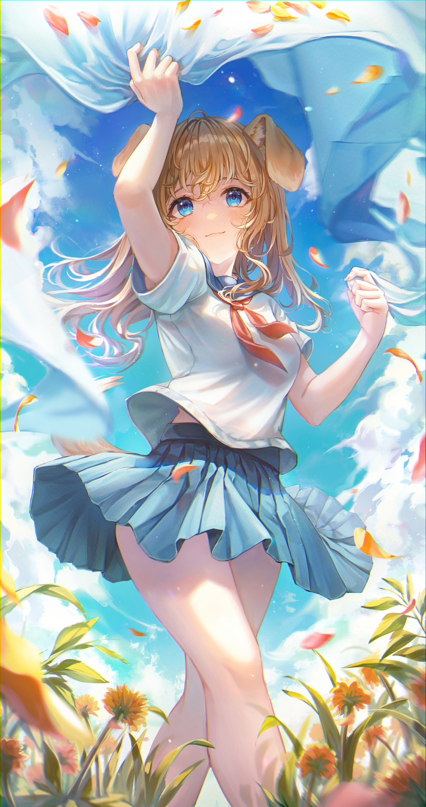 1girl absurdres animal_ears arm_up bangs blue_eyes blue_sailor_collar blue_skirt blush brown_hair closed_mouth cloud cloudy_sky day dog_ears dog_girl dog_tail feet_out_of_frame flower highres holding long_hair looking_away miniskirt mirage_(rairudiseu) neckerchief orange_flower original outdoors petals plant pleated_skirt red_neckerchief sailor_collar school_uniform serafuku shirt short_sleeves skirt sky solo standing tail white_shirt