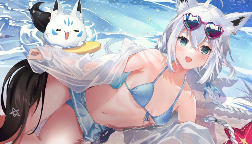 1girl absurdres ahoge animal_ear_fluff animal_ears bangs beach bikini bikini_skirt blouse blue_bikini blush braid breasts commentary_request earrings eyebrows_visible_through_hair eyewear_on_head fang fox_ears fox_girl fox_tail green_eyes hair_between_eyes heart heart-shaped_eyewear highres hololive jewelry long_hair looking_at_viewer lying miaohik ocean on_side open_blouse open_clothes open_mouth pentagram see-through_shirt shirakami_fubuki sidelocks single_braid skin_fang small_breasts sukonbu_(shirakami_fubuki) sunglasses swimsuit tail twin_braids virtual_youtuber white_blouse white_hair