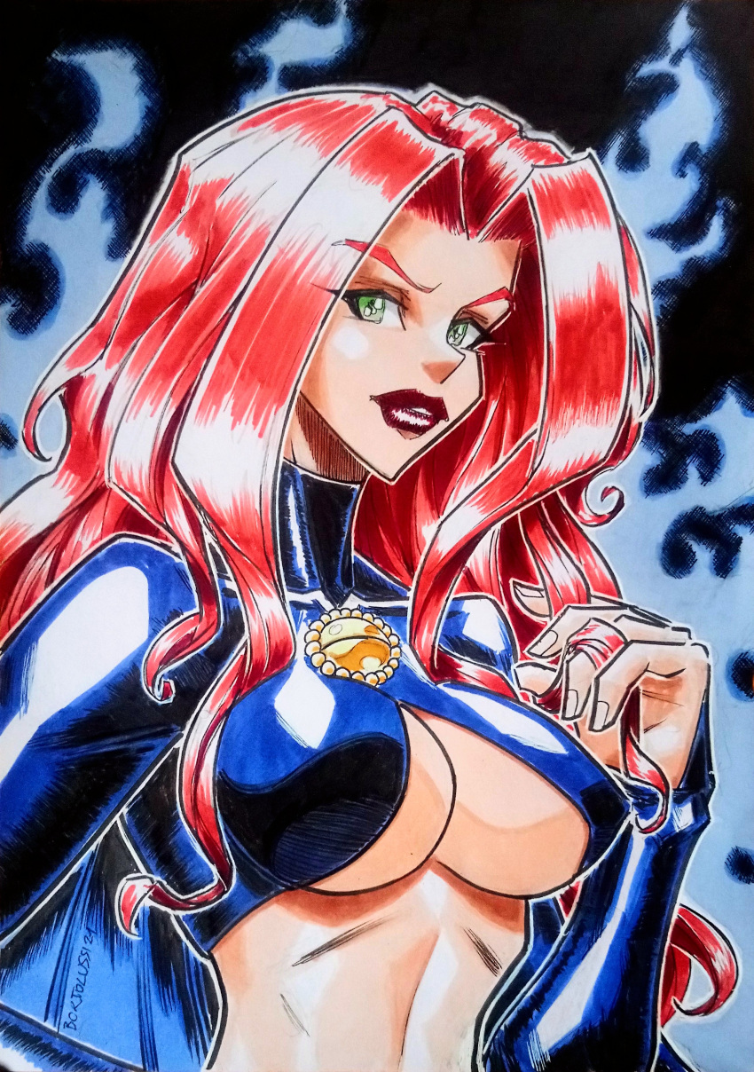 1girl absurdres breast_squeeze breasts gothic green_eyes highres huge_breasts jacket leather leather_jacket madelyne_pryor marvel non-web_source red_hair red_hair_demon_girl_(mdf_an) retro_artstyle solo underboob x-men