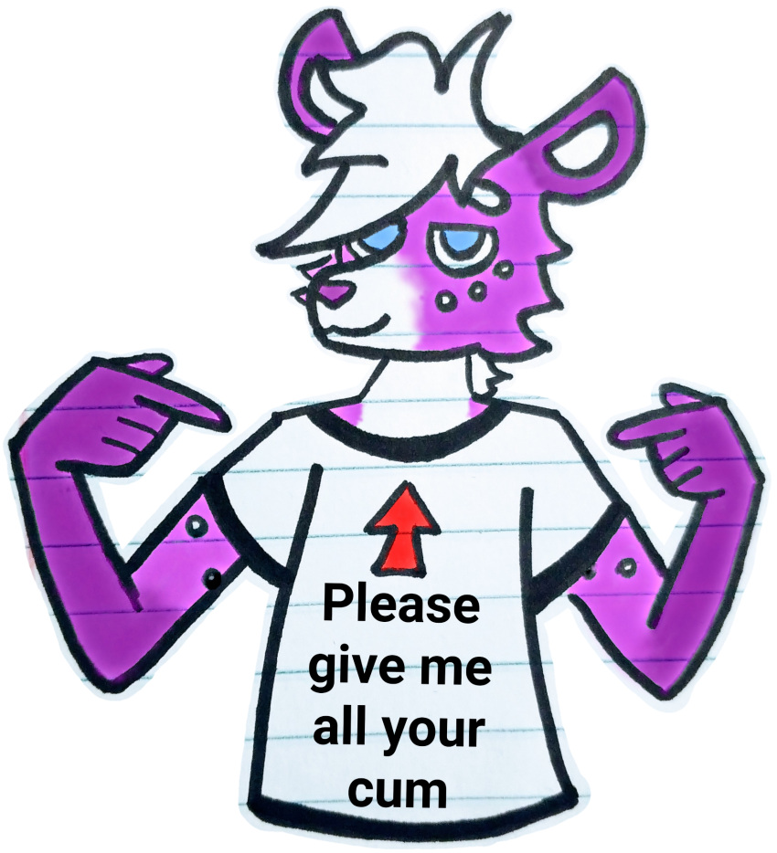 alpha_channel anthro arrow blue_eyes clothing english_text ezra_the_hyena fur gesture hair half-closed_eyes half_lidded_eyes hi_res humor hyaenid inviting lined_paper male mammal narrowed_eyes pointing pointing_at_self purple_body purple_fur shirt sketch smile solo spots spotted_arms spotted_body spotted_fur spotted_hyena sticker suggestive t-shirt text topwear what white_hair yeenihorni