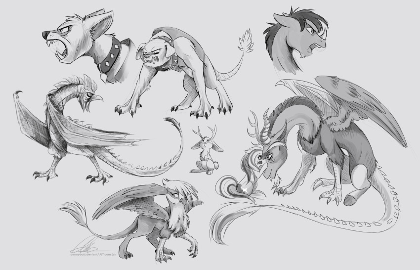 antlers avian beak beard canid chimera claws cockatrice collar diamond_dog_(mlp) discord_(mlp) draconequus dvixie equid equine european_mythology facial_hair feathered_wings feathers female feral friendship_is_magic fur gilda_(mlp) greyscale group gryphon hasbro hi_res hooves horn horse hybrid jackalope lagomorph long_tail male mammal monochrome my_little_pony mythological_avian mythology open_mouth pony scalie sharp_teeth sitting spikes standing teeth unavailable_at_source wings