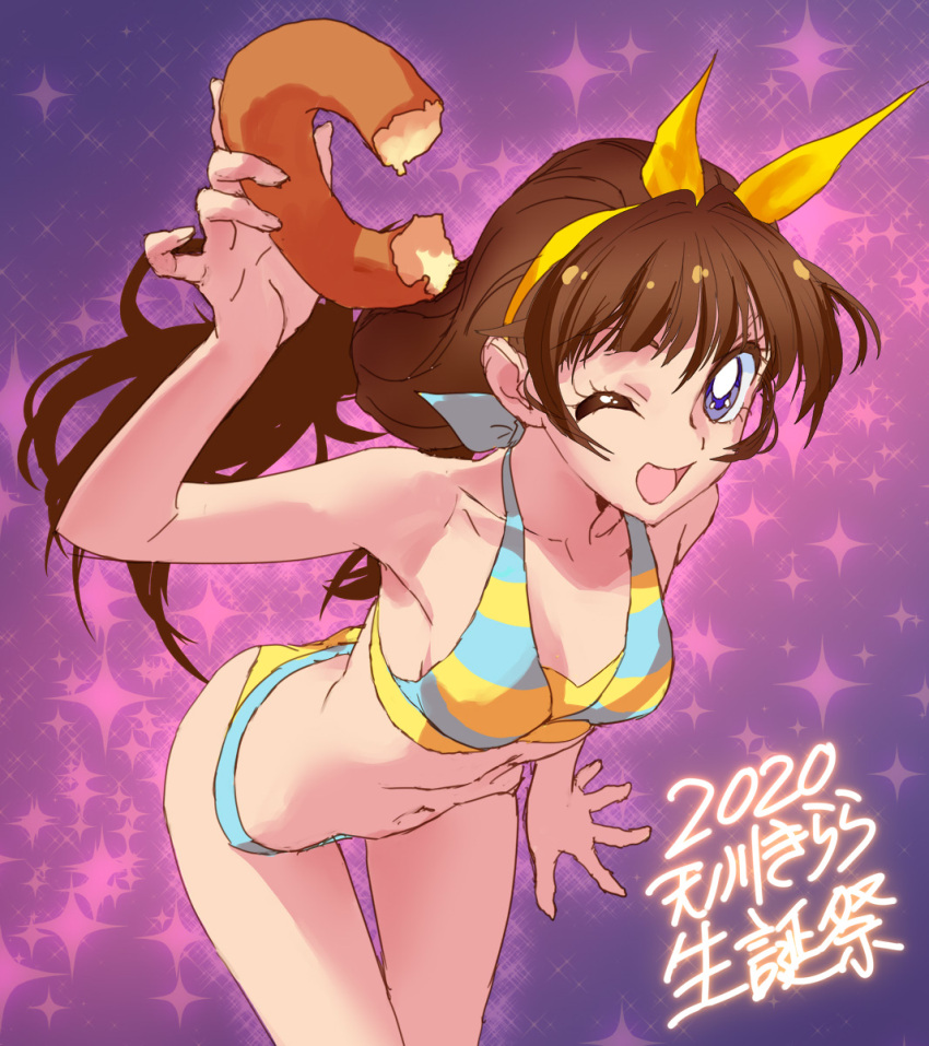 1girl 2020 amanogawa_kirara brown_hair doughnut food go!_princess_precure hairband highres long_hair looking_at_viewer nadeara_bukichi navel one_eye_closed open_mouth precure purple_eyes smile solo swimsuit twintails