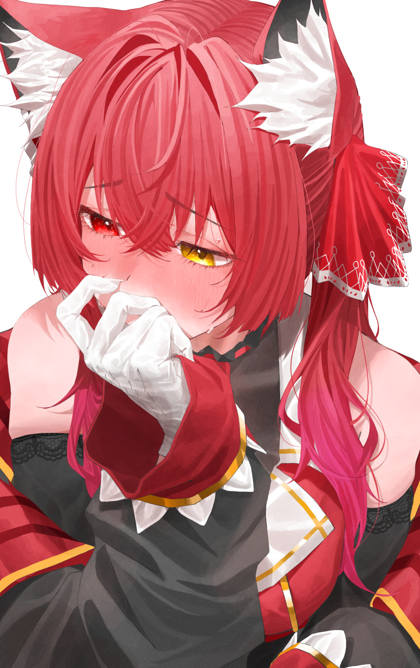 1girl absurdres animal_ear_fluff animal_ears bangs black_jacket blush cat_ears covering_mouth eyebrows_visible_through_hair gloves hair_between_eyes hair_ribbon hand_up highres hololive houshou_marine jacket long_hair long_sleeves looking_away off_shoulder open_clothes open_jacket red_eyes red_hair red_ribbon ribbon simple_background solo tarutaru_(ryousuke) twintails upper_body virtual_youtuber white_background white_gloves yellow_eyes