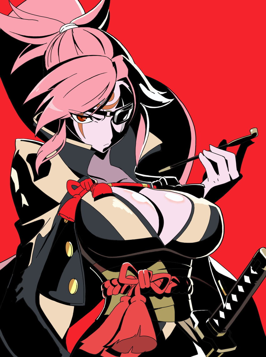 1girl absurdres baiken breasts cleavage eyepatch facial_mark frown guilty_gear guilty_gear_strive highres japanese_clothes katana kazuma_(leldiq) kimono large_breasts long_hair looking_at_viewer one-eyed open_clothes open_kimono pink_hair pipe ponytail red_background rope rope_belt sash scar scar_across_eye scar_on_face sheath sheathed simple_background solo sword tattoo weapon