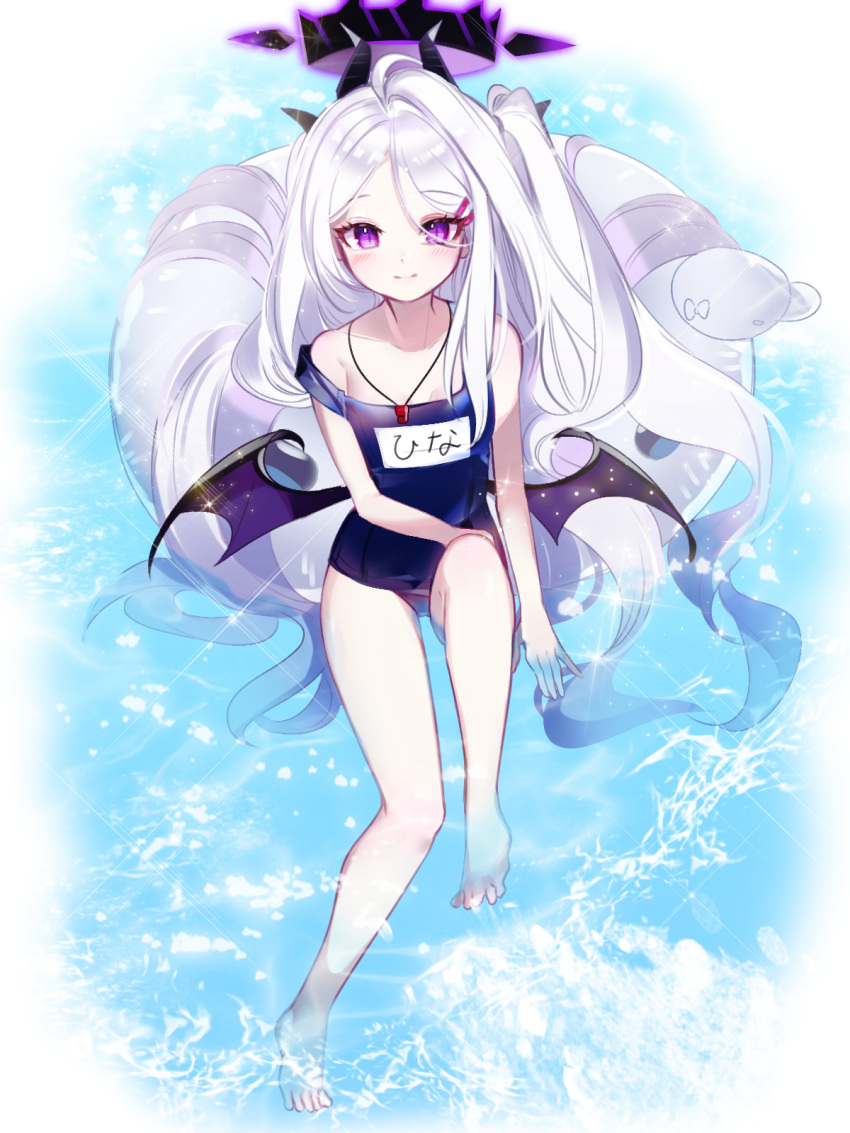 1girl ahoge bangs bat_wings blue_archive blush collarbone eyebrows_visible_through_hair flat_chest hair_ornament hairclip halo highres hina_(blue_archive) horns innertube long_hair looking_at_viewer name_tag nyaco0 off_shoulder parted_bangs partially_submerged purple_eyes school_swimsuit side_ponytail sidelocks smile swimsuit very_long_hair water white_hair wings