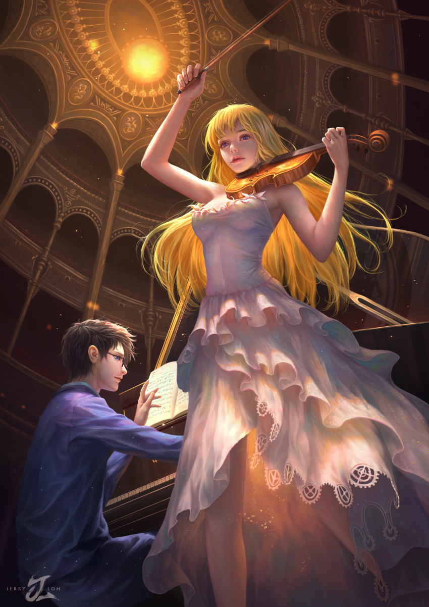 1boy 1girl absurdres arima_kousei bench black_hair blonde_hair breasts commentary concert dress english_commentary eyewear_on_head from_below highres holding holding_instrument instrument jerry_loh long_hair medium_breasts miyazono_kawori music musical_note on_shoulder piano playing_instrument reading shigatsu_wa_kimi_no_uso sitting stage stage_lights standing stick violin white_dress