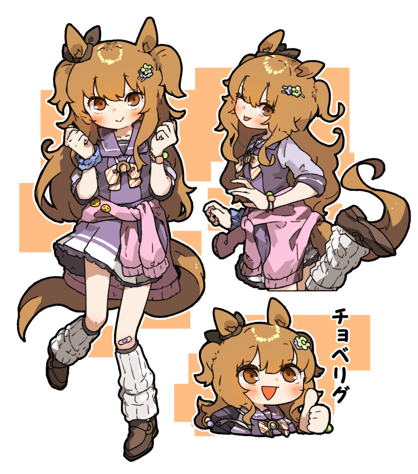 1girl amonitto animal_ears bandaid bandaid_on_knee bandaid_on_leg bangs blush bracelet brown_footwear closed_mouth clothes_around_waist full_body hair_ornament hairclip hands_up highres horse_ears horse_girl horse_tail jewelry long_hair looking_at_viewer loose_socks mayano_top_gun_(umamusume) multiple_views open_mouth orange_eyes orange_hair purple_shirt purple_skirt school_uniform scrunchie shirt shirt_around_waist shoes skirt sleeves_rolled_up smile tail thumbs_up tongue tongue_out tracen_school_uniform translated umamusume wrist_scrunchie