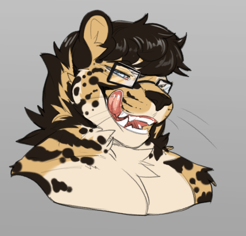 anthro black_hair black_nose blue_eyes cheetah eyewear fangs felid feline fur glasses hair hi_res icecreamdraws king_cheetah kofi_(kofithechee) male mammal spots spotted_body spotted_fur stripes