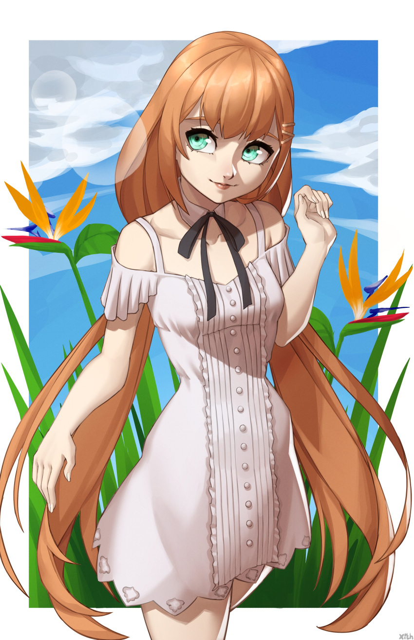 1girl absurdres bangs black_ribbon blue_sky border buttons closed_mouth cloud collarbone commentary detached_collar dress english_commentary flower grass green_eyes highres kingdom_hearts kingdom_hearts_iv kingdom_hearts_x lips long_hair looking_away neck_ribbon orange_flower orange_hair outside_border red_lips ribbon sky sleeveless sleeveless_dress smile solo strelitzia_(kingdom_hearts) sunlight twintails very_long_hair white_border white_dress x_xith_x