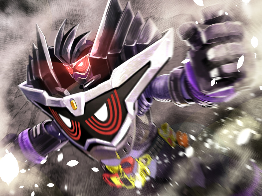 1boy armor black_armor bursting bursting_from_ground commentary_request driver_(kamen_rider) gamer_driver glowing glowing_eyes god_maximum_gamer_level_billion highres kamen_rider kamen_rider_ex-aid_(series) kamen_rider_genm lee_brocco male_focus mecha purple_armor spiked_hair tokusatsu