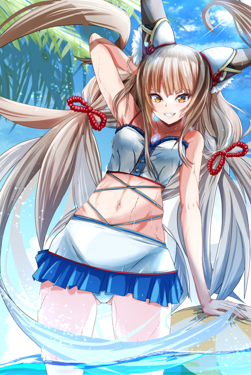 1girl alternate_costume animal_ears bangs beach blunt_bangs breasts cat_ears chest_jewel facial_mark highres long_hair low_twintails navel nia_(blade)_(xenoblade) nia_(xenoblade) shindayomon silver_hair small_breasts solo swimsuit twintails very_long_hair water xenoblade_chronicles_(series) xenoblade_chronicles_2 yellow_eyes