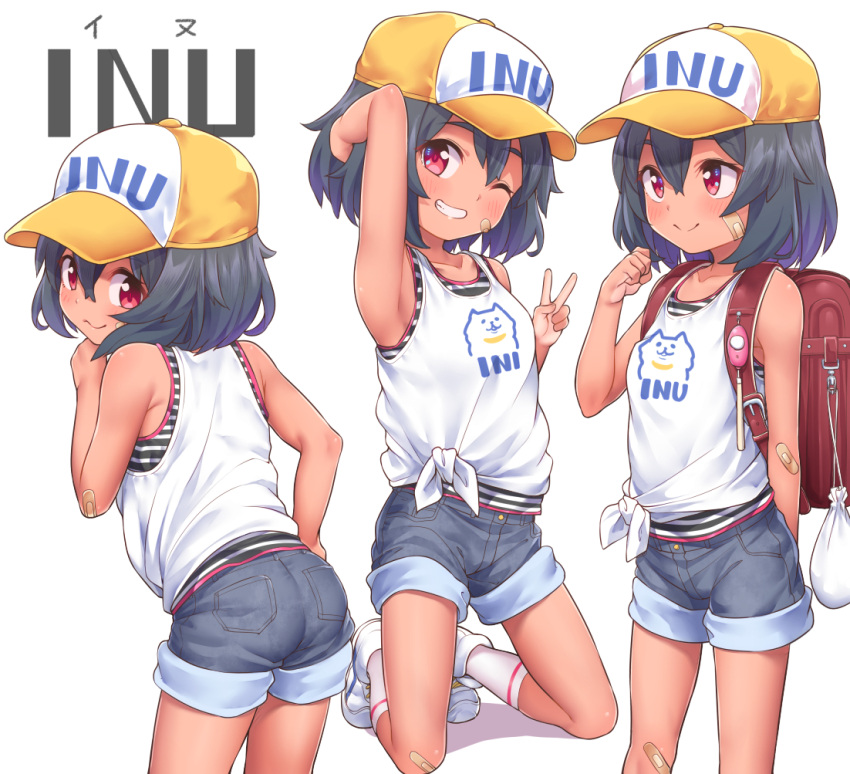 1girl bandaid bandaid_on_cheek bandaid_on_face bandaid_on_knee bandaid_on_leg black_hair from_behind hair_between_eyes hat kanabun kneeling multiple_views one_eye_closed original red_eyes shirt short_hair simple_background solo tied_shirt white_background white_shirt yellow_headwear yuuki-chan_(kanabun)