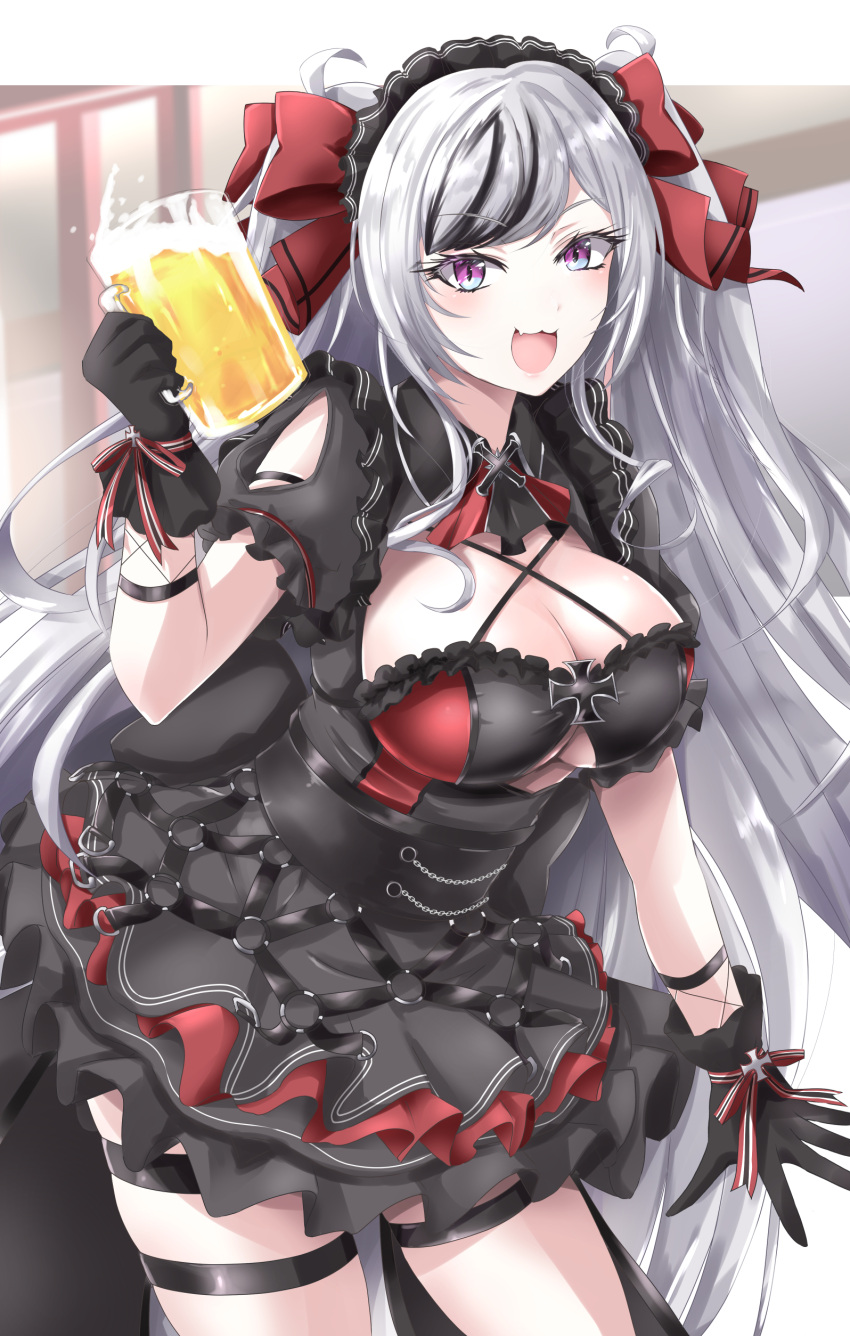 1girl absurdres alcohol azur_lane beer beer_mug black_gloves black_hair breasts cleavage clothing_cutout cowboy_shot cross cup dress elbe_(azur_lane) elbe_(time_to_show_off?)_(azur_lane) frilled_dress frilled_hairband frills gloves gudon_(iukhzl) hair_ribbon hairband highres iron_cross large_breasts layered_dress leaning_forward leg_strap looking_at_viewer mug multicolored_hair official_alternate_costume open_mouth puffy_short_sleeves puffy_sleeves purple_eyes red_ribbon ribbon short_dress short_sleeves silver_hair solo standing streaked_hair two-tone_hair underboob_cutout
