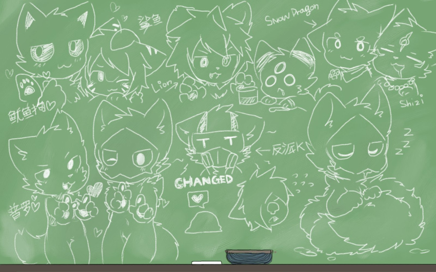 &lt;3 3_eyes 4_fingers ambiguous_gender ambiguous_species anthro blush bodily_fluids can canid canine canis cephalopod chalk chalk_(artwork) chalkboard chalkboard_eraser changed_(video_game) chano cheek_tuft chest_tuft chinese_text clothing coat coleoid container decapodiform domestic_dog dr._k_(changed) dragon dragontim_(character) drooling english_text eyes_closed facial_tuft felid fingers fox fur furred_dragon gas_mask gesture goo_creature green_and_white green_background group head_tuft hi_res human hybrid lab_coat lin_(changed) lion looking_at_viewer male mammal marine mask mollusk monochrome multi_eye one_eye_closed open_mouth pantherine pawpads paws puro_(changed) saliva shizi_(changed) simple_background sitting sleeping sound_effects speech_bubble squid_dog_(changed) striped_body stripes sweat tentacles text the_shark_(changed) topwear traditional_media_(artwork) tuft uwu wide_eyed wink winking_at_viewer wolf zzz