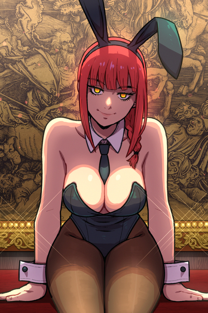 1girl akairiot animal_ears bangs bare_shoulders between_breasts blunt_bangs braid breasts brown_legwear chainsaw_man cleavage commentary detached_collar english_commentary fake_animal_ears fine_art highres long_hair looking_at_viewer makima_(chainsaw_man) necktie necktie_between_breasts pantyhose playboy_bunny rabbit_ears red_hair sitting smile solo wrist_cuffs yellow_eyes