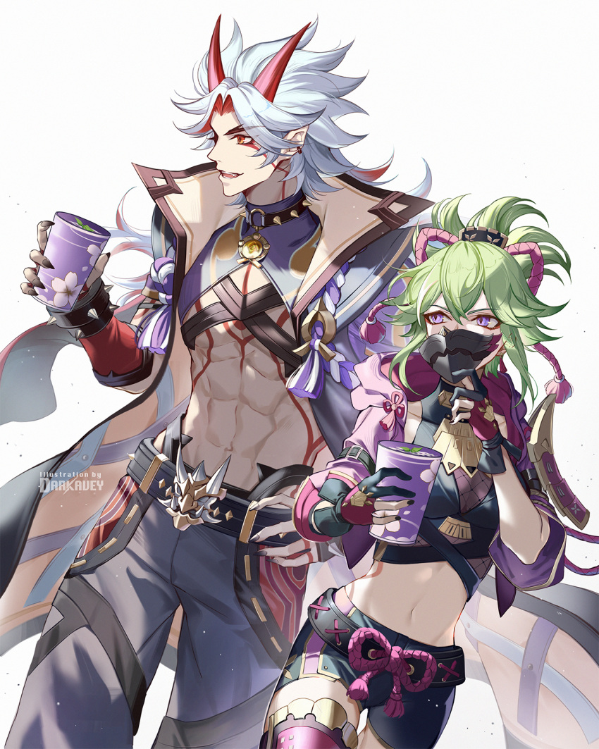 1boy 1girl abs arataki_itto black_nails black_shorts body_markings bracelet coat crop_top cup darkavey drink ear_piercing facial_mark fingerless_gloves fishnets genshin_impact gloves green_hair hair_ornament highres holding holding_cup horns jacket jewelry kuki_shinobu long_hair mask midriff mouth_mask nail_polish navel ninja ninja_mask oni open_clothes open_coat pants piercing ponytail purple_jacket red_eyes short_shorts shorts simple_background smile spiked_bracelet spikes tattoo thighhighs topless_male twitter_username white_background white_hair
