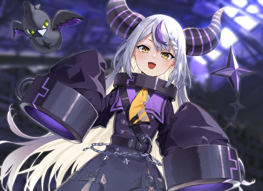 1girl blurry blurry_background chain coat collar commentary_request crow_(la+_darknesss) fangs hair_braid hands_up highres hololive horns kabu_(niniko2ko) la+_darknesss looking_at_viewer metal_collar multicolored_hair o-ring open_mouth purple_coat purple_hair sleeves_past_fingers sleeves_past_wrists solo streaked_hair striped_horns tail two-tone_hair upper_body virtual_youtuber white_hair yellow_eyes