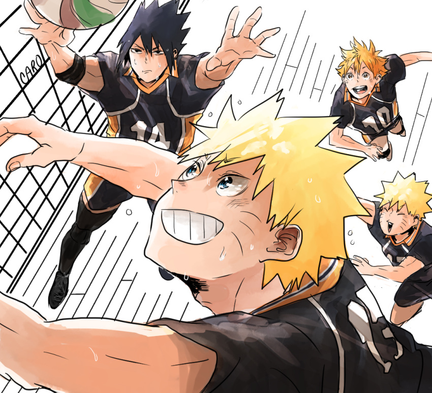 4boys azebra-was-here black_hair blonde_hair character_request crossover elbow_pads facial_mark grin haikyuu!! hinata_shouyou knee_pads looking_at_object male_focus multiple_boys naruto naruto_(series) open_mouth orange_hair signature smile spiked_hair sportswear sweat uchiha_sasuke uzumaki_naruto volleyball volleyball_net volleyball_uniform whisker_markings