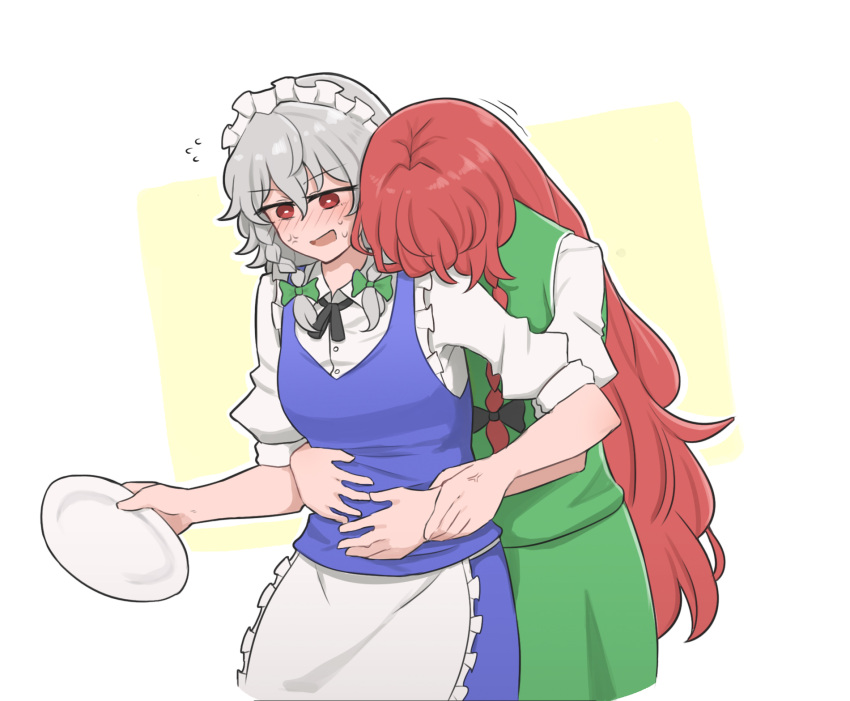 2girls apron black_ribbon blue_skirt blue_vest blush braid green_skirt green_vest highres holding_another's_arm hong_meiling hug izayoi_sakuya long_hair maid maid_headdress mata_(matasoup) multiple_girls neck_ribbon red_eyes red_hair ribbon shirt short_hair silver_hair skirt sweat textless touhou tray twin_braids vest waist_apron white_shirt