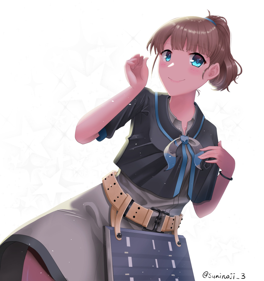 1girl apron belt black_shirt blue_eyes brown_hair cowboy_shot flight_deck grey_neckerchief grey_skirt highres intrepid_(kancolle) kantai_collection looking_at_viewer miniskirt neckerchief ponytail shirt short_hair simple_background skirt solo suminoji white_background