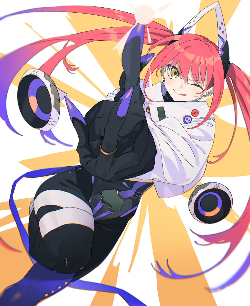 1girl aiming_at_viewer black_bodysuit blue_hair bodysuit commentary_request earrings finger_gun gradient_hair highres jewelry long_hair machi_(wm) multicolored_hair one_eye_closed original red_hair ring solo stud_earrings tongue tongue_out twintails two-tone_hair very_long_hair yellow_eyes