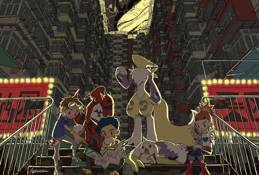 child digimon digimon_(creature) digimon_tamers eating goggles goggles_on_head guilmon highres li_jianliang makino_ruki map matsuda_takato multiple_boys open_mouth orange_hair pants renamon sitting terriermon wwrobo