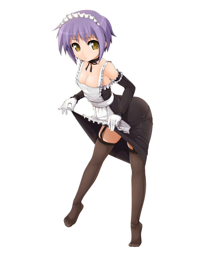 absurdres arched_back ass breasts choker cleavage dress dress_lift elbow_gloves feet full_body garter_straps gloves hands highres maid nagato_yuki potion_(moudamepo) purple_hair short_hair simple_background skirt small_breasts solo standing suzumiya_haruhi_no_yuuutsu thighhighs tiptoes yellow_eyes