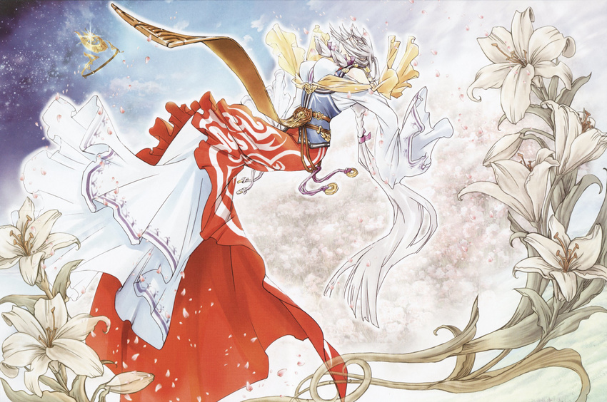 arshtat_falenas belt braid breasts closed_eyes crown dress floating flower fujita_kaori gensou_suikoden gensou_suikoden_v hair_ribbon hat highres japanese_clothes large_breasts lily_(flower) loincloth long_hair long_sleeves mature official_art petals ponytail ribbon rope scan scarf silver_hair single_braid solo very_long_hair