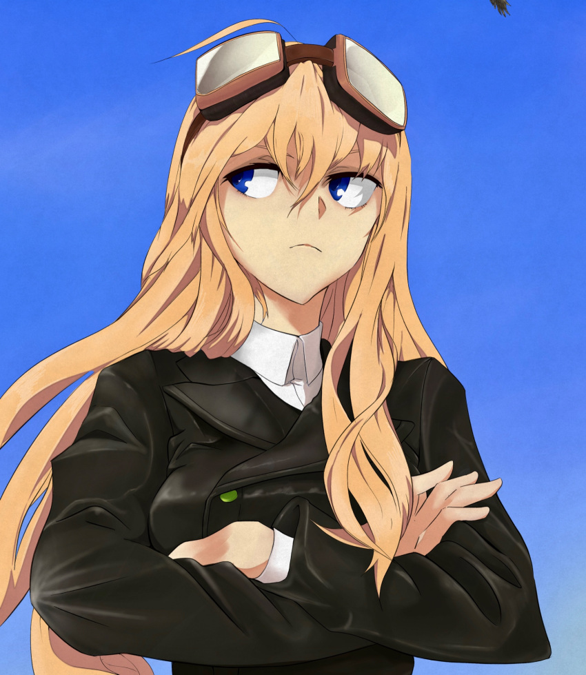 1girl black_jacket blonde_hair blue_eyes blue_sky collared_shirt crossed_arms frown goggles goggles_on_head hair_between_eyes hanna-justina_marseille highres jacket long_hair looking_to_the_side noah_(0bp3292) shirt sky solo strike_witches uniform upper_body white_shirt world_witches_series