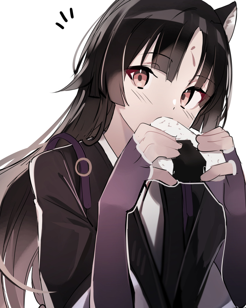 1girl animal_ear_fluff animal_ears arknights bangs black_hair black_kimono blush brown_eyes dog_ears eating elbow_gloves facial_mark fingerless_gloves food forehead_mark gloves hands_up highres holding holding_food japanese_clothes kimono long_hair looking_at_viewer notice_lines onigiri parted_bangs purple_gloves saga_(arknights) short_sleeves simple_background solo tetuw upper_body very_long_hair white_background