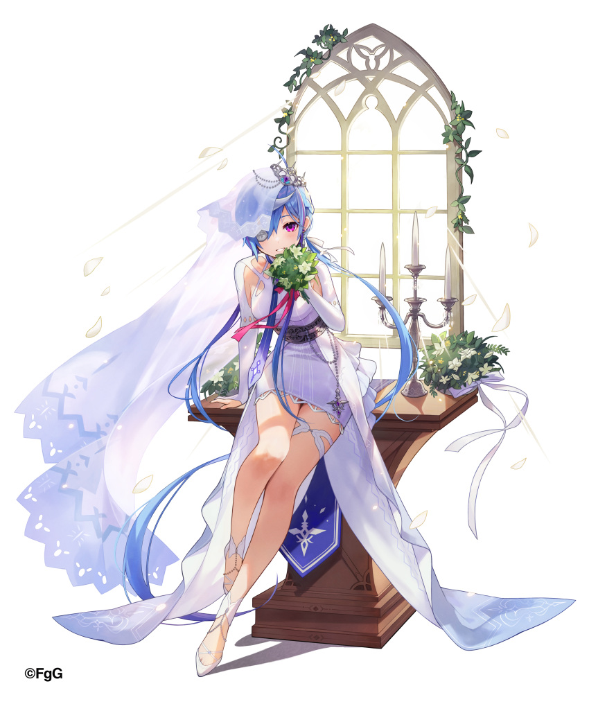 1girl absurdres ahoge belt blue_hair blush bouquet bow braid bridal_gauntlets bridal_veil candelabra candle dress earrings eyepatch flower hakasesuitchi highres holding holding_bouquet holding_flower jewelry light_blue_hair light_rays long_hair looking_at_viewer multicolored_hair parted_lips petals phantom_of_the_kill purple_eyes purple_hair see-through simple_background single_earring smile solo thigh_strap tiara twintails veil veins very_long_hair wedding_dress white_background white_bow white_flower white_footwear white_hair window