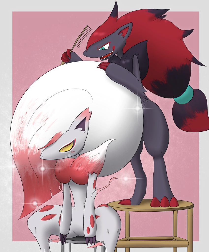 2others absurdres beranda blue_eyes blush brushing_another's_hair chair claws comb combing furry grey_fur highres hisuian_zoroark long_hair multiple_others open_mouth pokemon pokemon_(creature) pokemon_(game) pokemon_legends:_arceus red_fur red_hair simple_background sitting sparkle teeth white_fur white_hair yellow_eyes zoroark