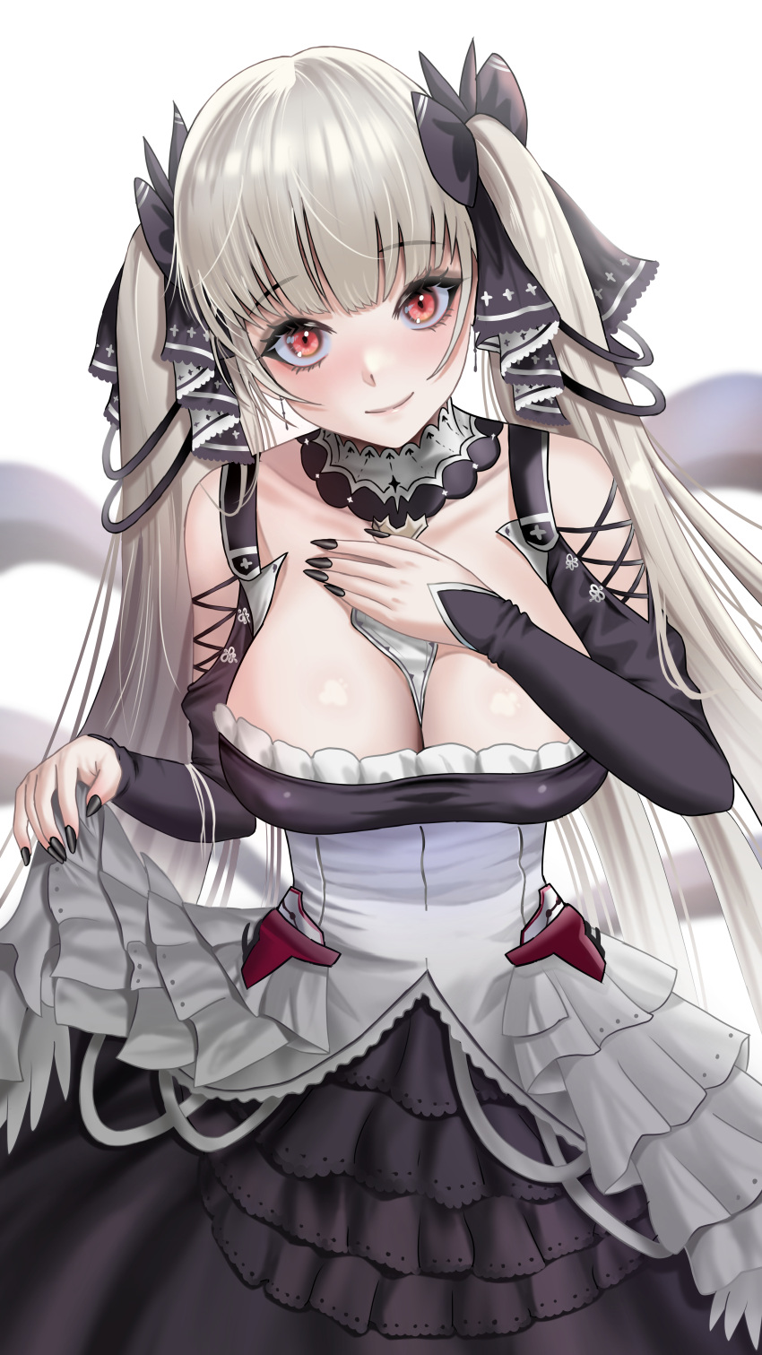 1girl absurdres azur_lane bangs black_dress black_nails blush bow breasts buko_(bukosuki) cleavage closed_mouth clothes_lift collarbone dress dress_lift eyebrows_visible_through_hair formidable_(azur_lane) hair_bow hair_ribbon hand_on_own_chest highres large_breasts lips long_hair looking_at_viewer nail_polish platinum_blonde_hair red_eyes ribbon simple_background smile solo standing twintails very_long_hair