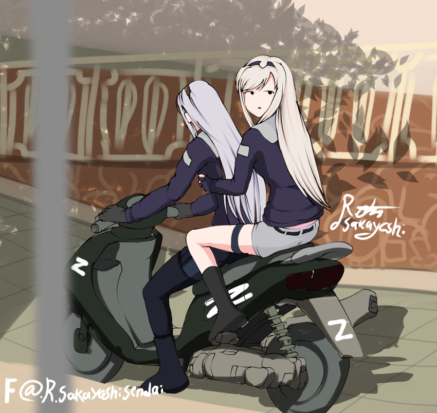 ak-12_(girls'_frontline) an-94_(girls'_frontline) artist_name bangs black_gloves black_hairband blonde_hair day english_commentary expressionless facebook_username fingerless_gloves girls'_frontline gloves ground_vehicle hairband highres holding_to_chest jacket long_hair long_sleeves looking_at_viewer looking_back motor_vehicle multiple_girls outdoors parted_lips riding sakayashisendai scooter sidelocks silver_hair z_(russian_symbol)