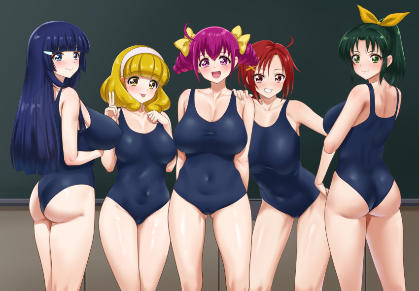 5girls :p ahoge aoki_reika ass blonde_hair blue_eyes blue_hair bow chalkboard classroom drill_hair fuooooo green_eyes green_hair hair_bow hair_ornament hairclip headband highres hino_akane_(smile_precure!) hoshizora_miyuki kise_yayoi long_hair looking_at_viewer looking_back midorikawa_nao multiple_girls open_mouth pink_eyes precure purple_hair red_eyes red_hair school_swimsuit short_hair smile smile_precure! swimsuit teeth tongue tongue_out twin_drills v very_long_hair yellow_eyes