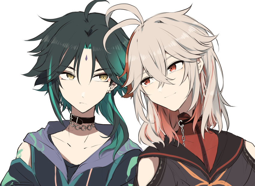 2boys ahoge alternate_costume antenna_hair arm_tattoo bangs black_choker black_hair choker closed_mouth crossed_bangs ear_piercing facial_mark forehead_mark genshin_impact gradient_hair green_hair highres hood hood_down kaedehara_kazuha male_focus multicolored_hair multiple_boys piercing red_eyes red_hair ryu_genshin77 simple_background streaked_hair tattoo upper_body white_background xiao_(genshin_impact) yellow_eyes