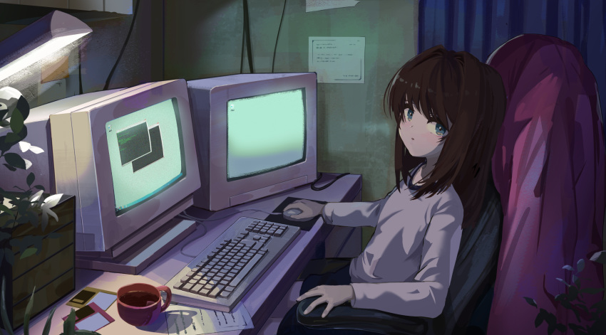 1girl :o at_computer bangs blue_curtain brown_hair chair crt cup curtains desk desk_lamp english_commentary floppy_disk from_side grey_eyes grey_shirt hair_intakes highres indoors keyboard_(computer) kgt_(pixiv12957613) lamp long_hair long_sleeves looking_at_viewer mouse_(computer) office_chair open_mouth original paper plant potted_plant revision shirt shorts sitting solo