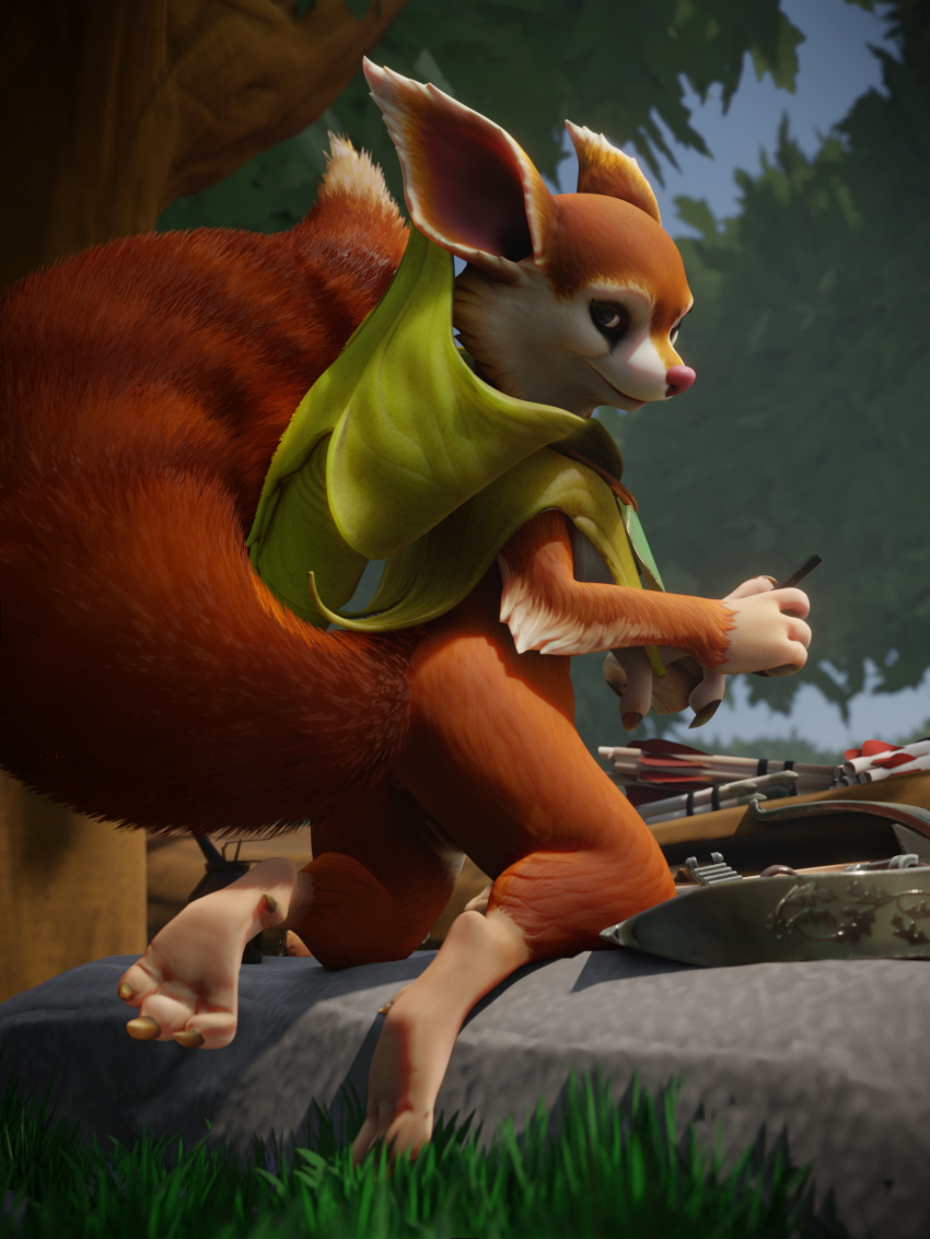 3:4 3d_(artwork) 4_fingers acorn ano_delta anthro anus big_ears blender_(software) blue_eyes bolts breasts brown_body brown_fur butt claws clothing crossbow digital_media_(artwork) dota ears_back feet female fingers food forest forest_background fruit fur genitals grass hi_res holding_object hood hoodwink_(dota) kneeling looking_aside mammal nature nature_background nut_(fruit) outside pivoted_ears plant pose pussy raised_tail ranged_weapon rear_view red_nose repair rock rodent sciurid solo tail_tuft toes tree tree_squirrel tuft video_games weapon white_body wood