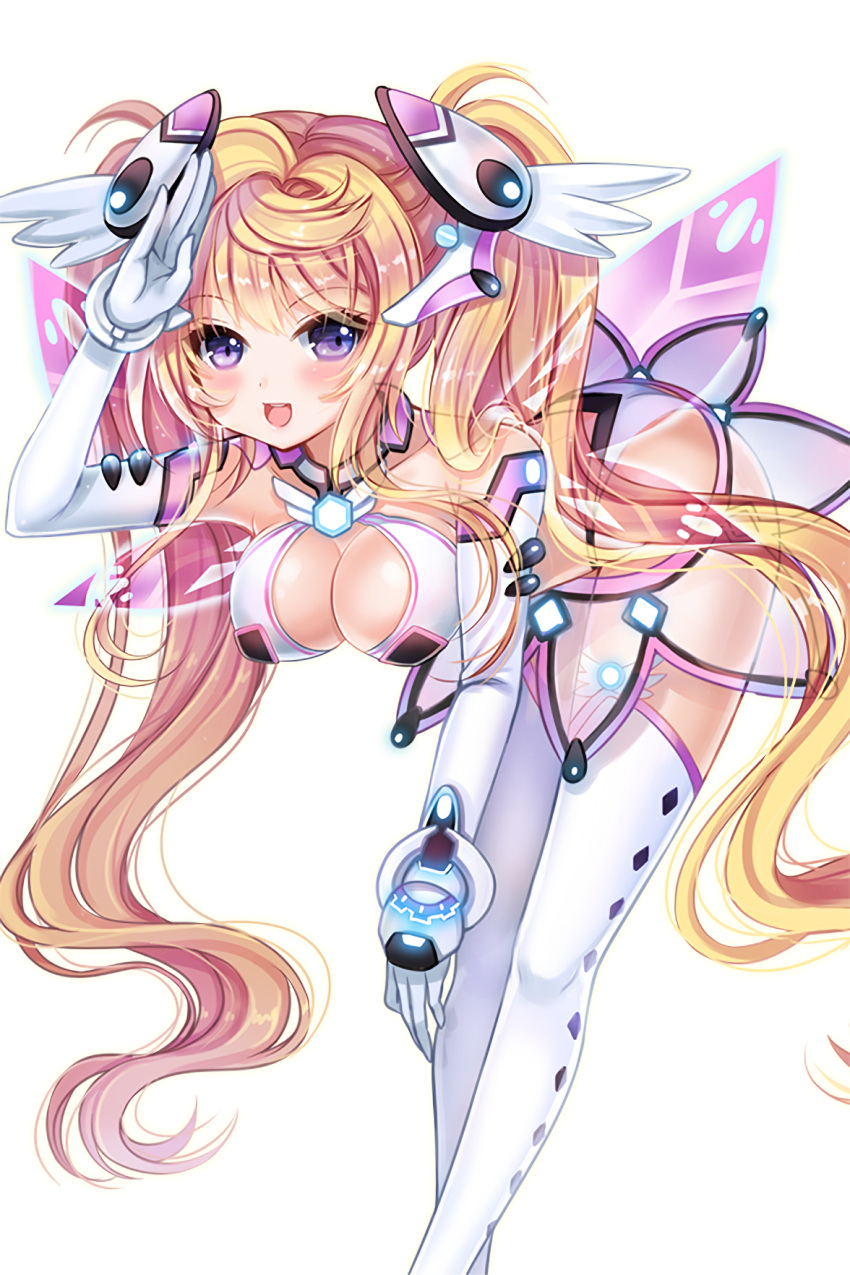 1girl ass bare_shoulders blonde_hair breasts cleavage elbow_gloves fairy_wings gloves griffith_(soccer_siprits) hair_ornament highres leotard long_hair medium_breasts open_mouth purple_eyes ratise resized see-through skirt soccer_spirits thighhighs twintails upscaled white_gloves wings