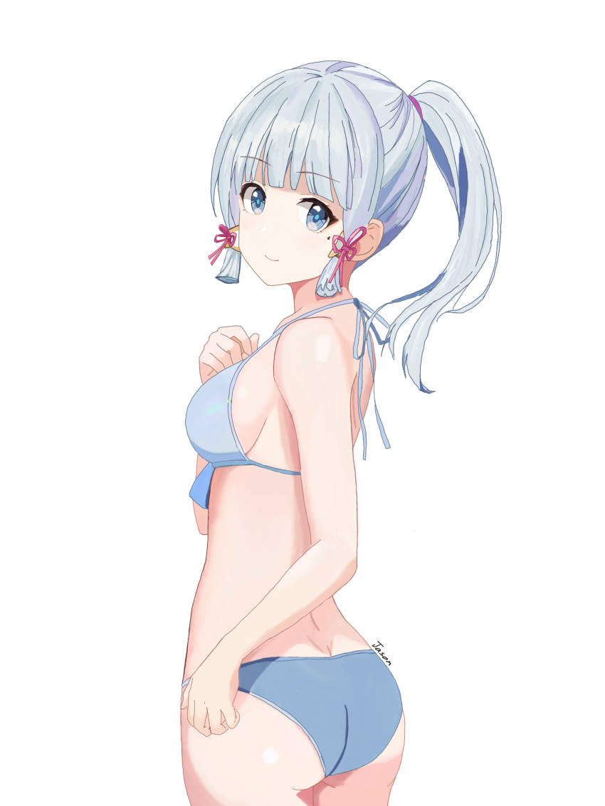 1girl absurdres aqua_swimsuit bikini blue_bikini blue_hair blush breasts genshin_impact highres kamisato_ayaka long_hair looking_at_viewer string_bikini swimsuit swimsuit_costume