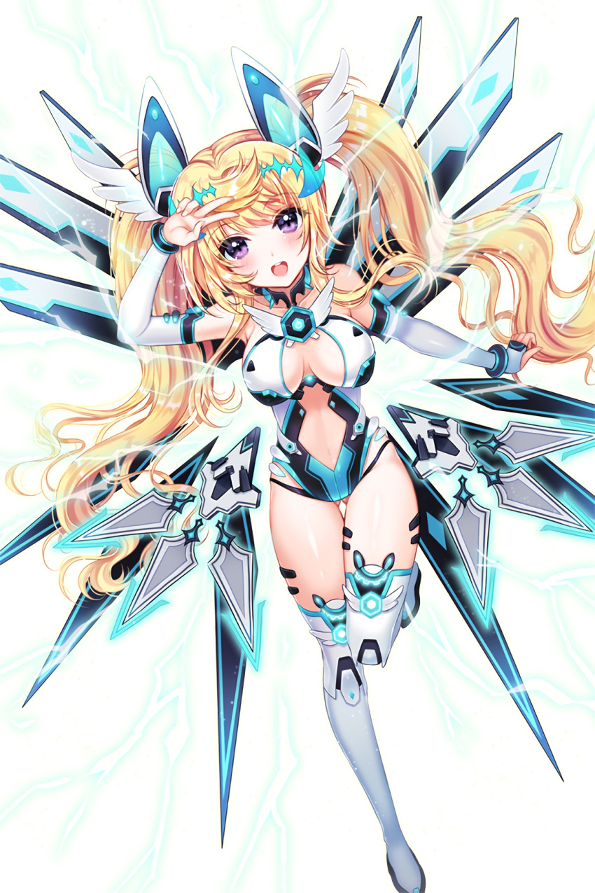 1girl ass ass_visible_through_thighs bare_shoulders blonde_hair breasts cleavage elbow_gloves electricity fairy_wings full_body gloves griffith_(soccer_siprits) hair_ornament highres leotard long_hair looking_at_viewer mecha_musume mechanical_wings medium_breasts open_mouth purple_eyes ratise resized soccer_spirits thighhighs twintails upscaled white_gloves white_legwear winged_hair_ornament wings