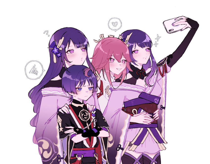 1boy 3girls ? armor crossed_arms flower genshin_impact hair_flower hair_ornament hand_on_another's_shoulder hands_on_another's_waist heart holding holding_phone japanese_armor japanese_clothes kimono kote kumayururi kurokote long_hair long_sleeves mole mole_under_eye multiple_girls obi phone pink_eyes pink_hair purple_eyes purple_flower purple_hair purple_kimono purple_nails raiden_shogun sash scaramouche_(genshin_impact) selfie short_hair short_sleeves tomoe_(symbol) white_background yae_miko