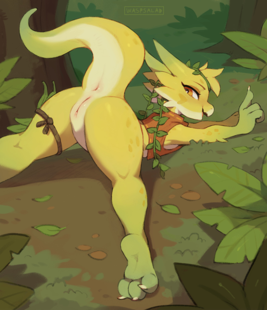 anthro anus ass_up bottomless butt claws clothed clothing feet female forest forest_background genitals headgear headwear hi_res horn kobold looking_at_viewer musa_(waspsalad) nails nature nature_background on_ground orange_eyes outside plant pussy raised_tail scalie soles solo topwear tree tropical vest vines waspsalad yellow_body