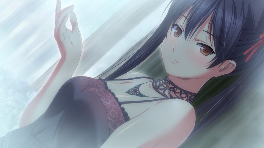 1girl bangs bare_arms black_hair blush breasts brown_eyes cleavage closed_mouth collarbone dutch_angle eyebrows_visible_through_hair game_cg hair_between_eyes hair_ribbon hyakki_ryouran_no_yakata long_hair m&amp;m medium_breasts mikado_ririka red_ribbon ribbon shiny shiny_hair shiny_skin solo spaghetti_strap twintails upper_body wet wet_hair